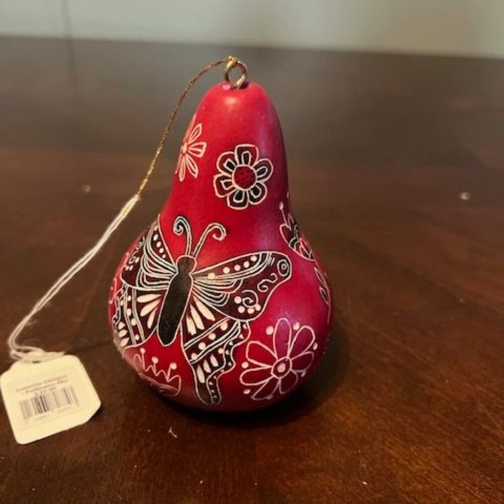 Handmade Lucuma Gourd Ornament‎ With Butterfly Design & Floral Accents